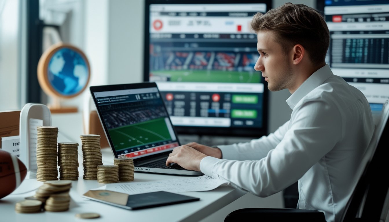 Seorang pria muda duduk di meja dengan laptop dan grafik keuangan, di sekitarnya terdapat bola sepak dan elemen terkait taruhan.