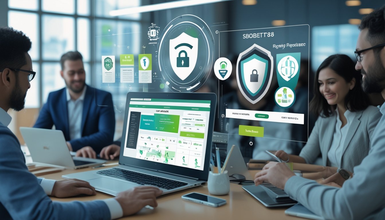 Orang-orang menggunakan perangkat digital di kantor modern dengan ikon keamanan dan grafik yang menunjukkan perbandingan keuntungan bermain taruhan bola online.