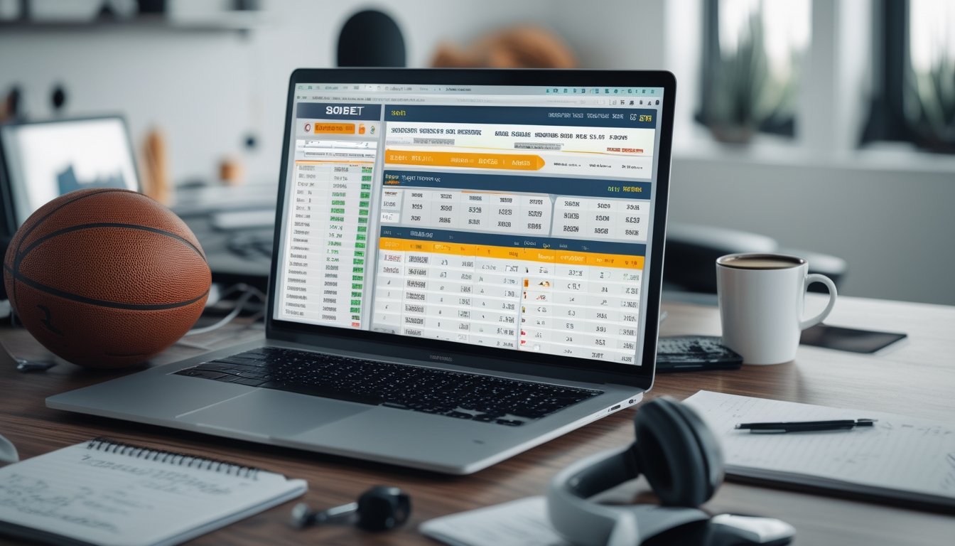 Meja kerja modern dengan laptop menampilkan antarmuka taruhan Asian Handicap Sbobet, bola sepak, bola basket, dan alat tulis di sekitar.