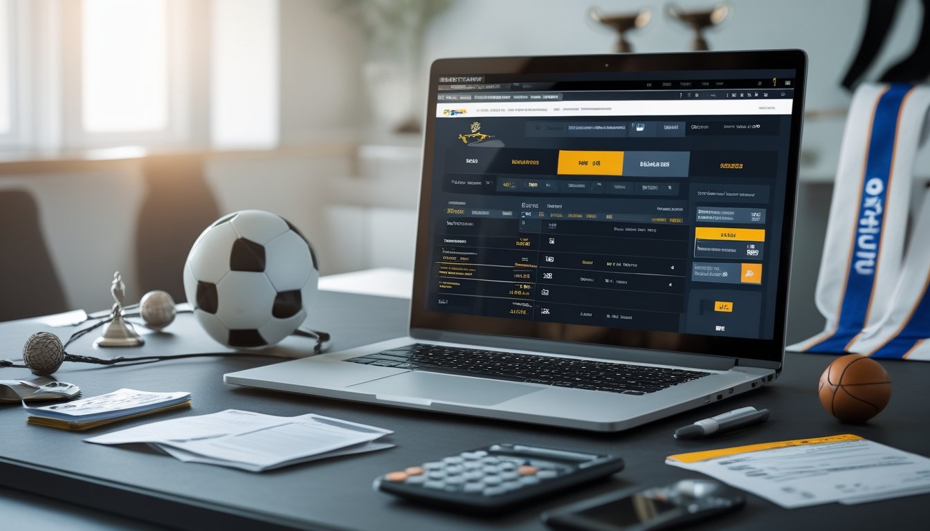 Seorang pria sedang menggunakan laptop dengan tampilan situs taruhan olahraga, di meja terdapat bola sepak dan alat hitung, menunjukkan suasana kerja taruhan Asian Handicap.