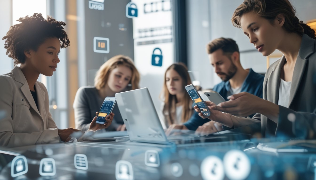 Orang-orang menggunakan ponsel dan laptop untuk melakukan transaksi e-wallet di lingkungan modern dan nyaman.