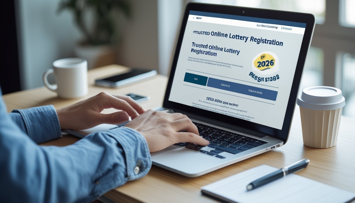 Seseorang menggunakan laptop di meja kerja dengan tampilan situs pendaftaran togel online terpercaya di layar.
