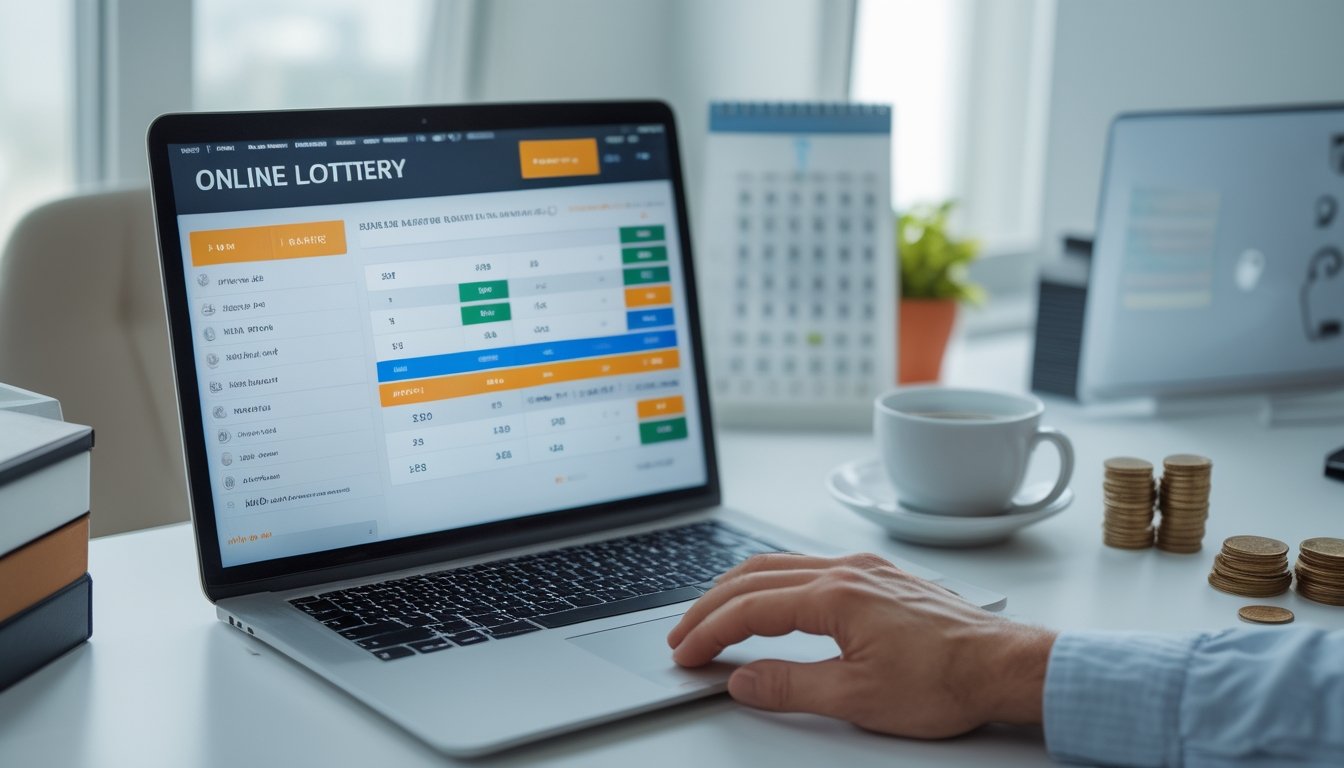 Seseorang menggunakan laptop di meja kerja yang rapi dengan suasana terang, menampilkan situs togel online, secangkir kopi, dan tumpukan koin kecil di samping.