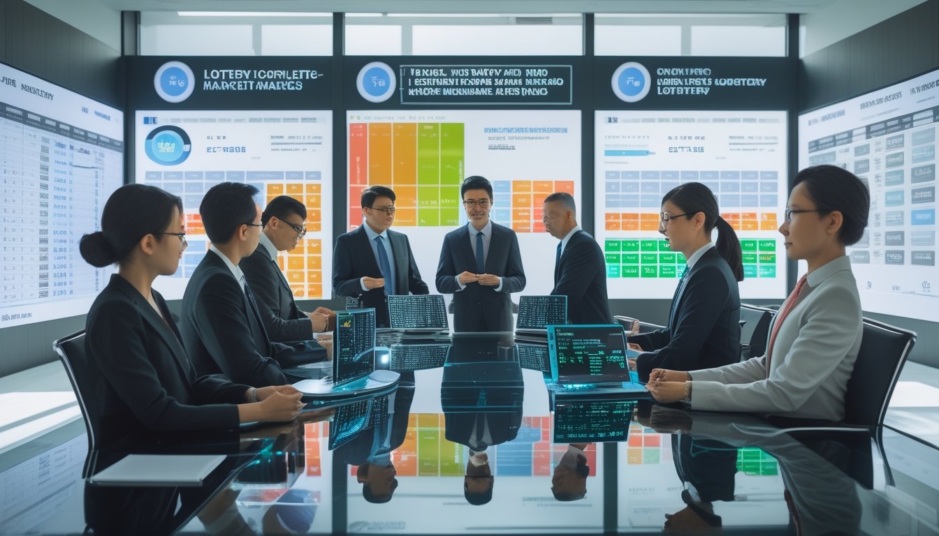 Sekelompok profesional sedang berdiskusi di kantor modern dengan layar digital menampilkan angka lotere dan grafik pasar resmi.