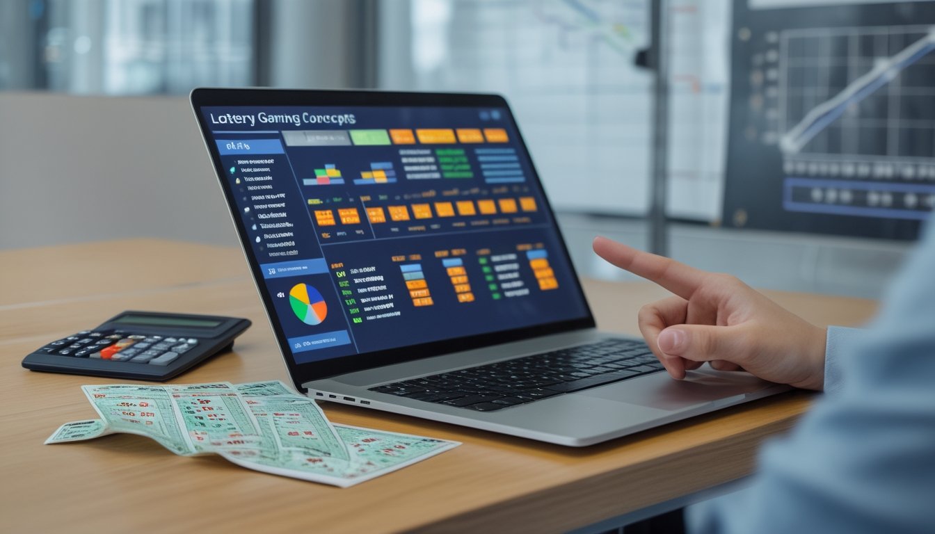 Meja kerja dengan laptop, tiket togel, kalkulator, dan tangan menunjuk layar, menggambarkan suasana belajar dan perencanaan permainan togel 2D, 3D, dan 4D.