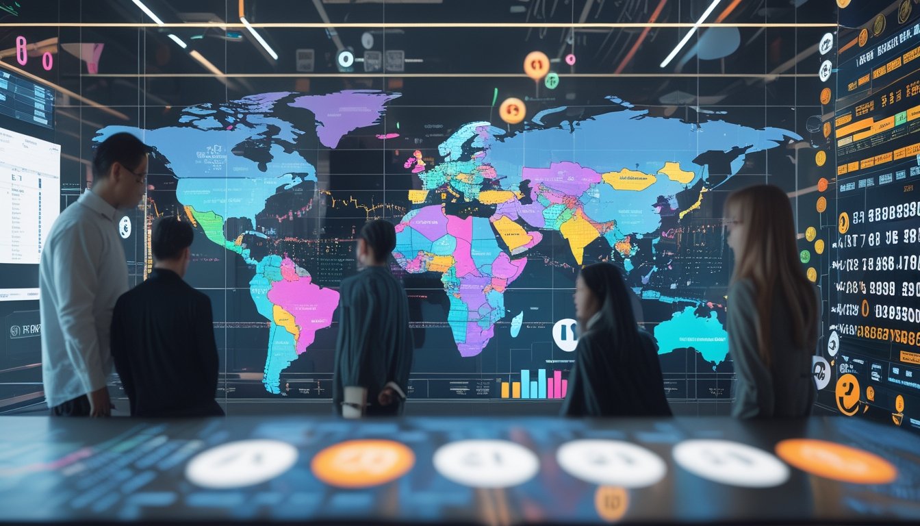 Sekelompok orang di kantor modern sedang menganalisis data digital tentang pasar togel internasional dengan peta dunia dan grafik warna-warni.