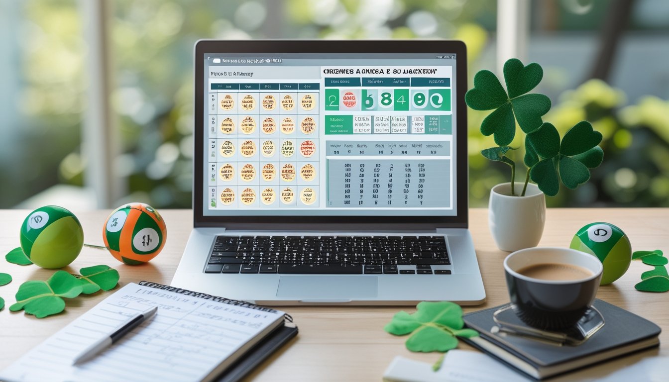 Meja kerja dengan laptop menampilkan grafik prediksi togel, catatan tangan, dan bola togel di sekitar meja.