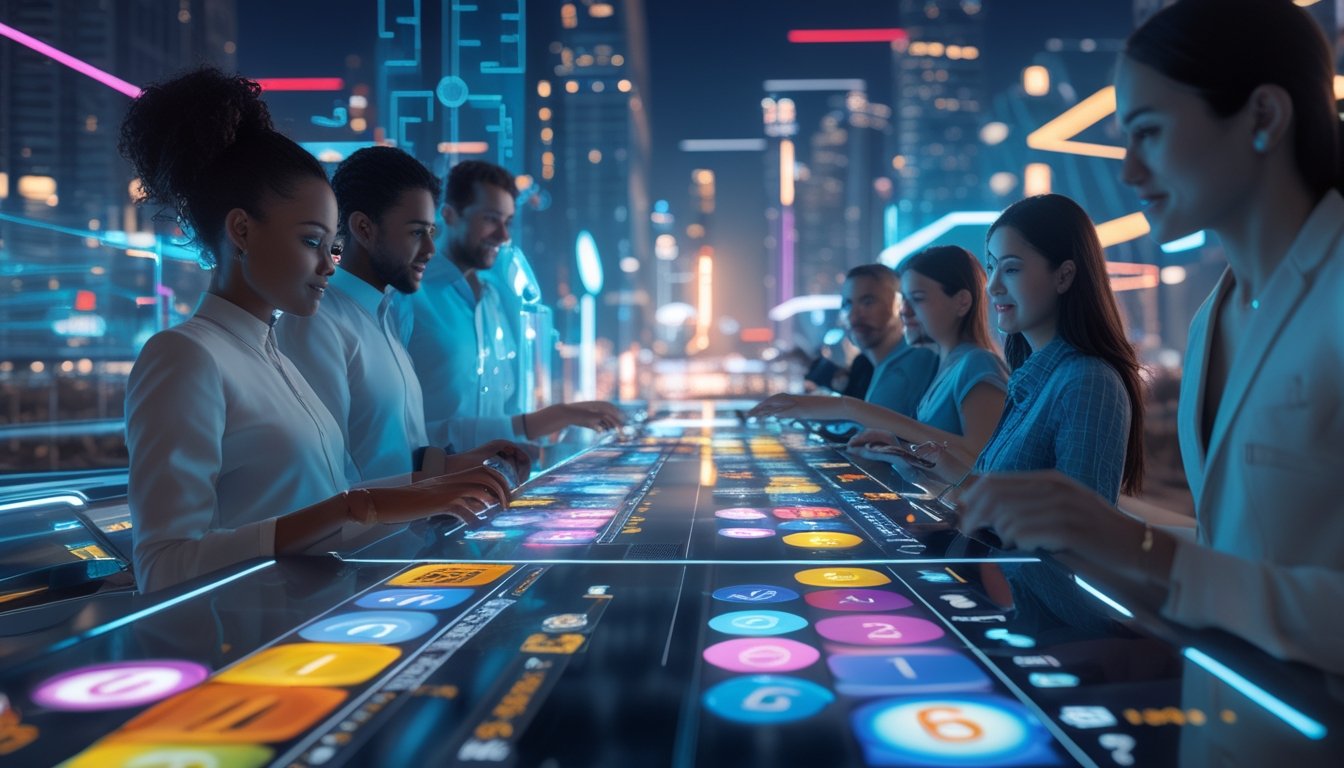 Orang-orang menggunakan layar sentuh digital dengan angka lotere dan ikon taruhan di latar kota modern yang terang dan penuh cahaya.
