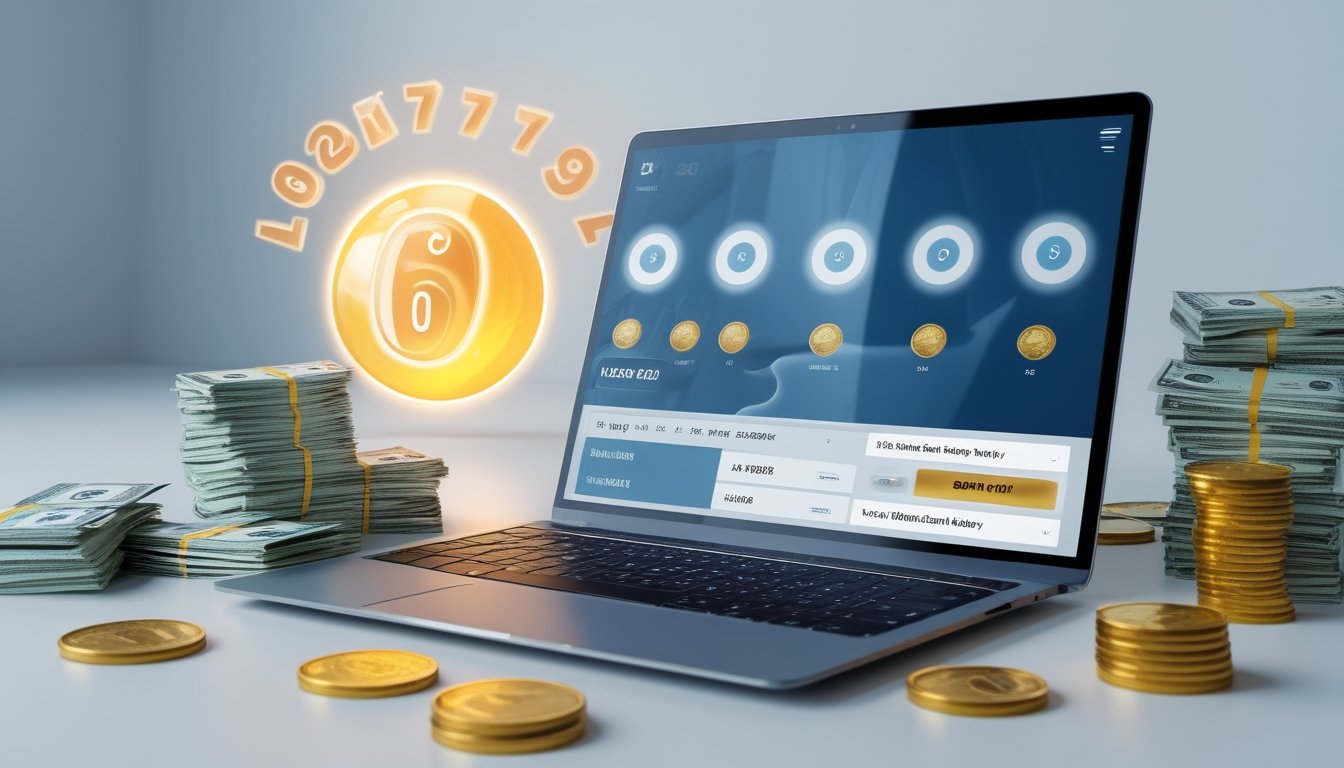 Seorang pria menggunakan laptop dengan tampilan antarmuka lotere digital, dikelilingi oleh tumpukan uang rupiah dan koin emas di meja kerja yang rapi.