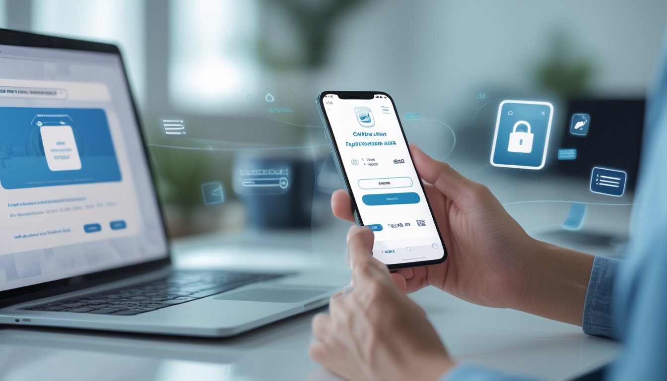 Seseorang menggunakan ponsel dan laptop untuk melakukan deposit togel online melalui e-wallet dengan suasana kerja yang modern dan aman.