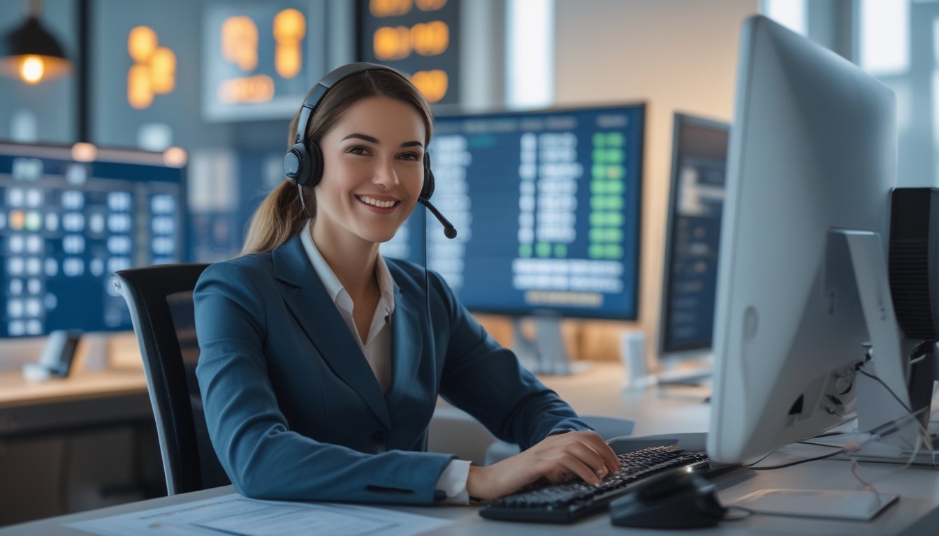Seorang perwakilan layanan pelanggan dengan headset tersenyum di depan komputer di kantor modern yang terang.