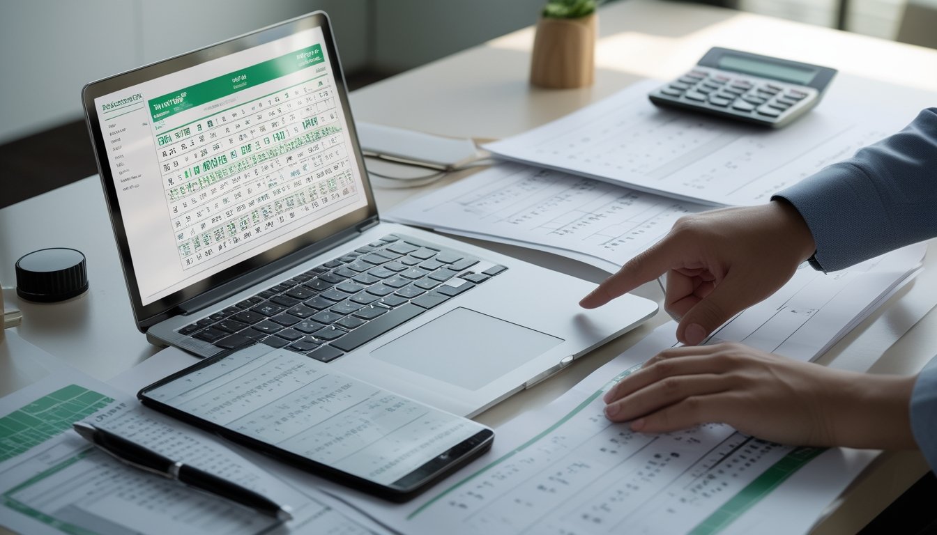 Meja kerja dengan laptop menampilkan data angka dan grafik, tangan seseorang menunjuk layar, suasana kantor yang rapi dan terang.