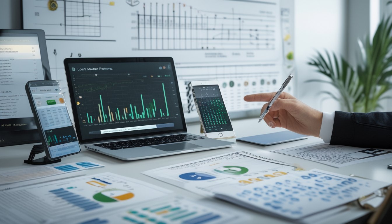 Meja kerja dengan perangkat digital dan kertas berisi data statistik, seseorang menunjuk layar laptop yang menampilkan grafik dan angka.