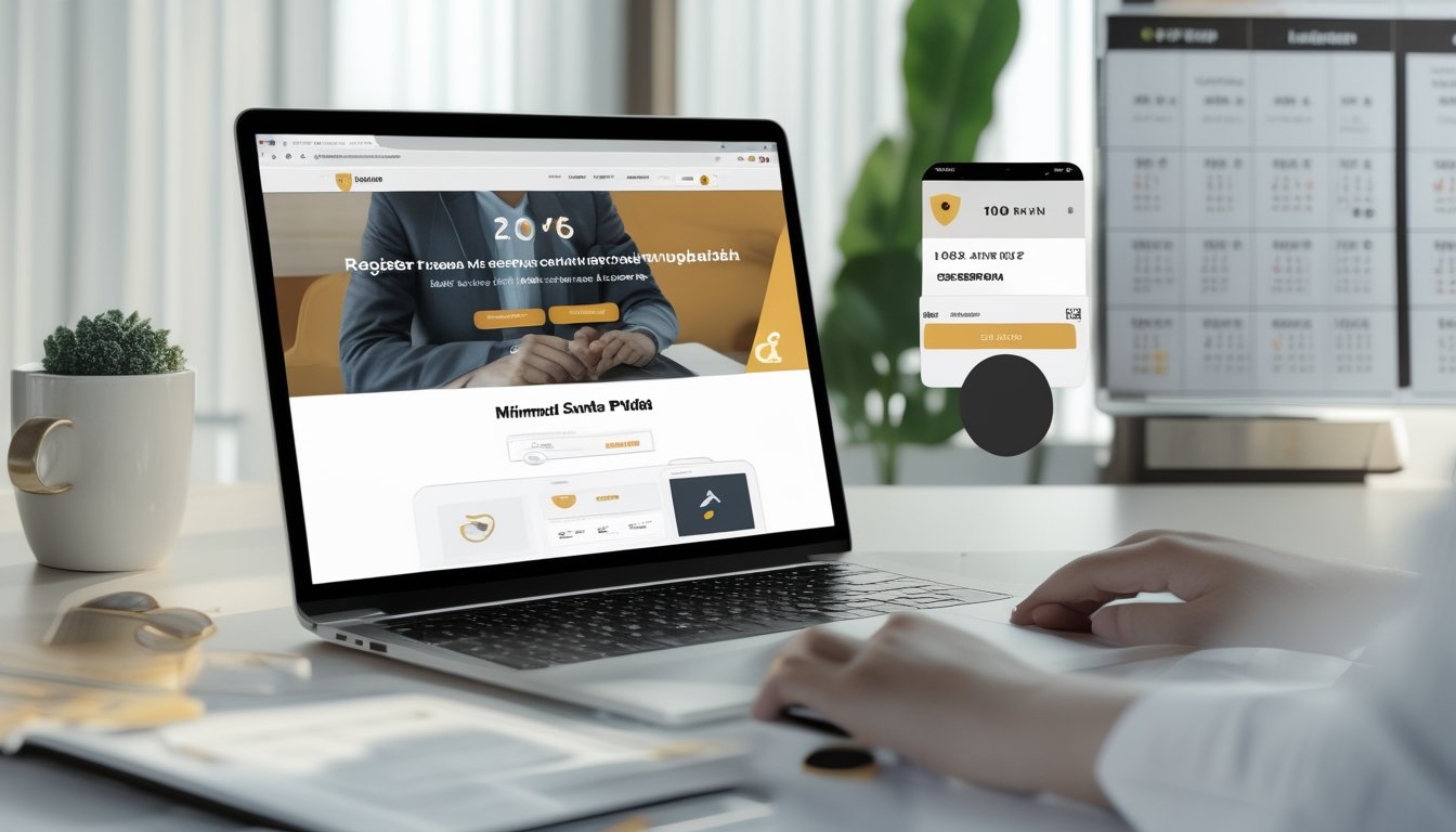 Seorang pengguna sedang mendaftar di situs togel online terpercaya menggunakan laptop di meja kerja yang rapi dengan ponsel di sekitarnya, menampilkan suasana profesional dan modern.