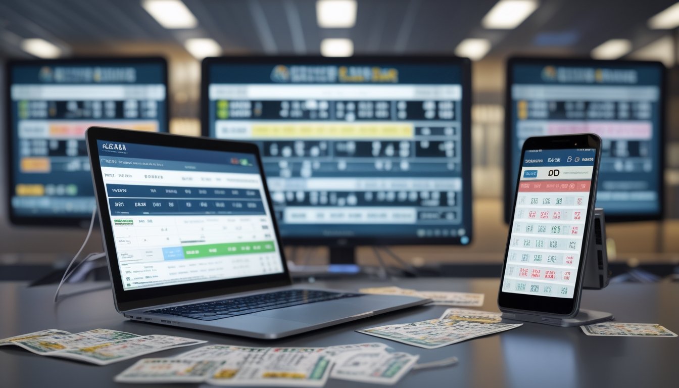 Meja kerja modern dengan tiket lotre, laptop menampilkan grafik angka, dan ponsel dengan aplikasi lotre digital di latar kantor lotre resmi.