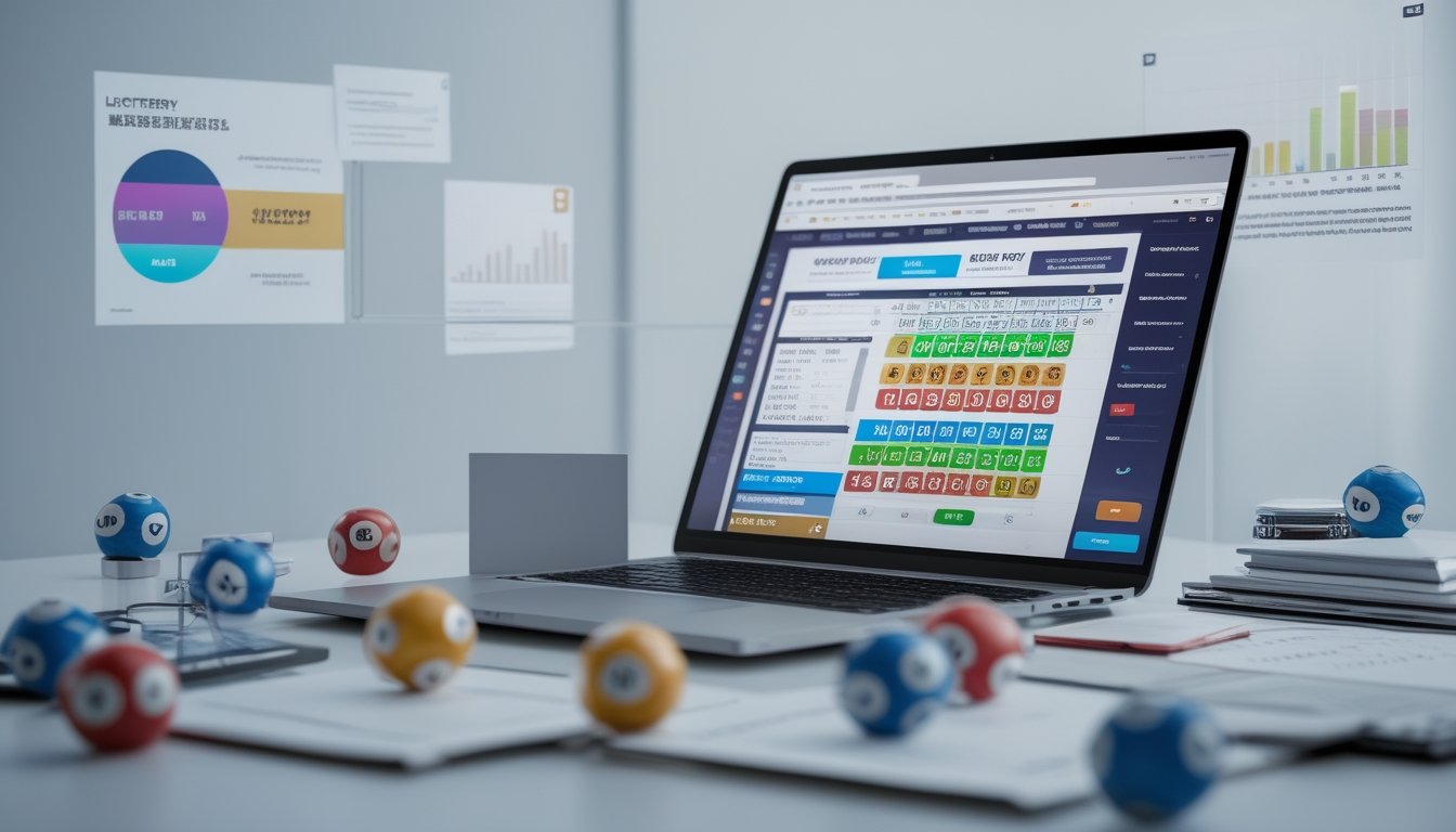 Suasana ruang kerja modern dengan komputer menampilkan angka lotere dan grafik, menggambarkan platform togel 4D terpercaya.
