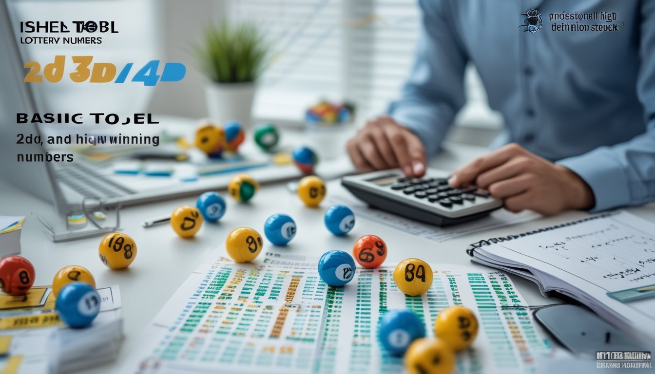 Seseorang sedang menganalisis tiket togel dan catatan di meja dengan bola togel bernomor dan alat hitung di sekitar.