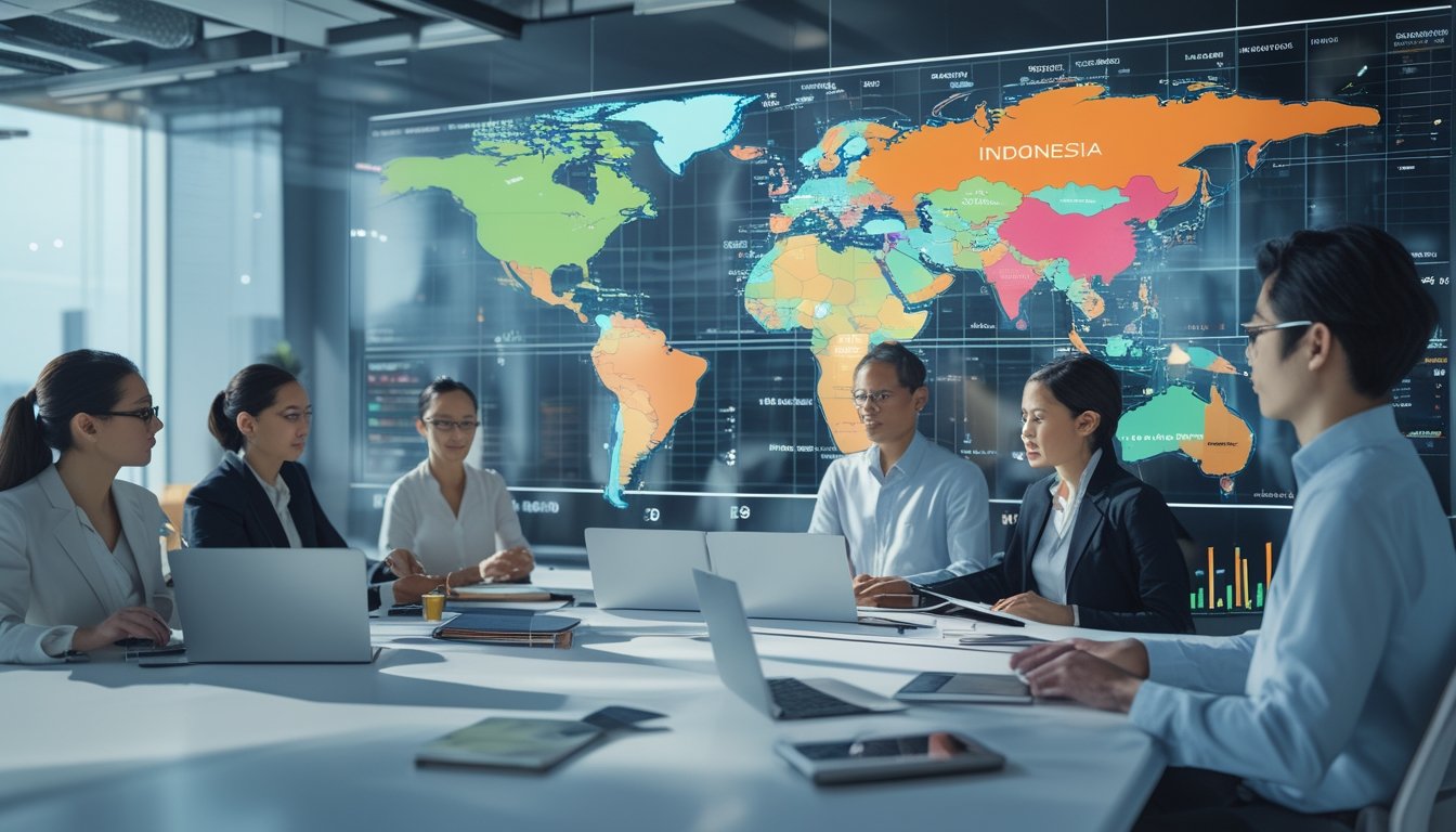 Orang-orang di kantor modern sedang menganalisis data digital tentang pasar internasional di layar transparan.