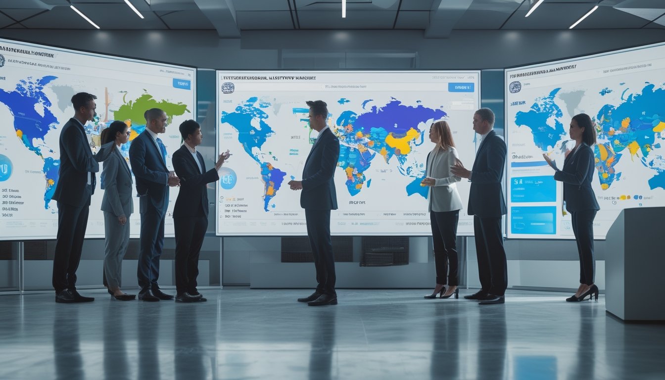 Sekelompok profesional sedang menganalisis data pasar togel internasional di kantor modern dengan layar digital besar yang menampilkan peta dunia dan grafik.