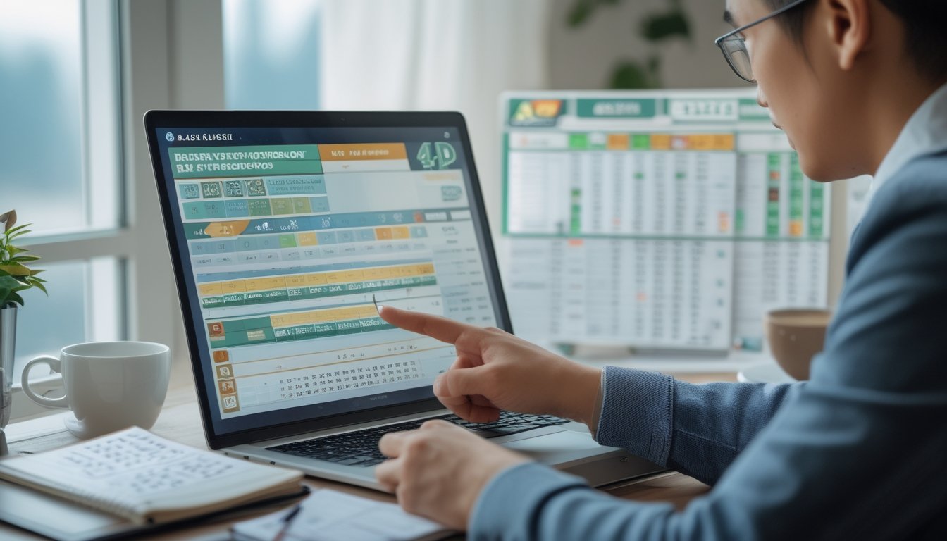Seseorang sedang menganalisis data prediksi togel di meja kerja dengan laptop dan catatan.