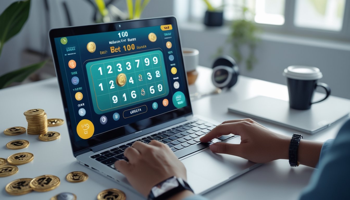 Seseorang menggunakan laptop di meja kerja dengan layar menampilkan antarmuka togel online, dikelilingi oleh ponsel, koin digital, dan cangkir kopi.