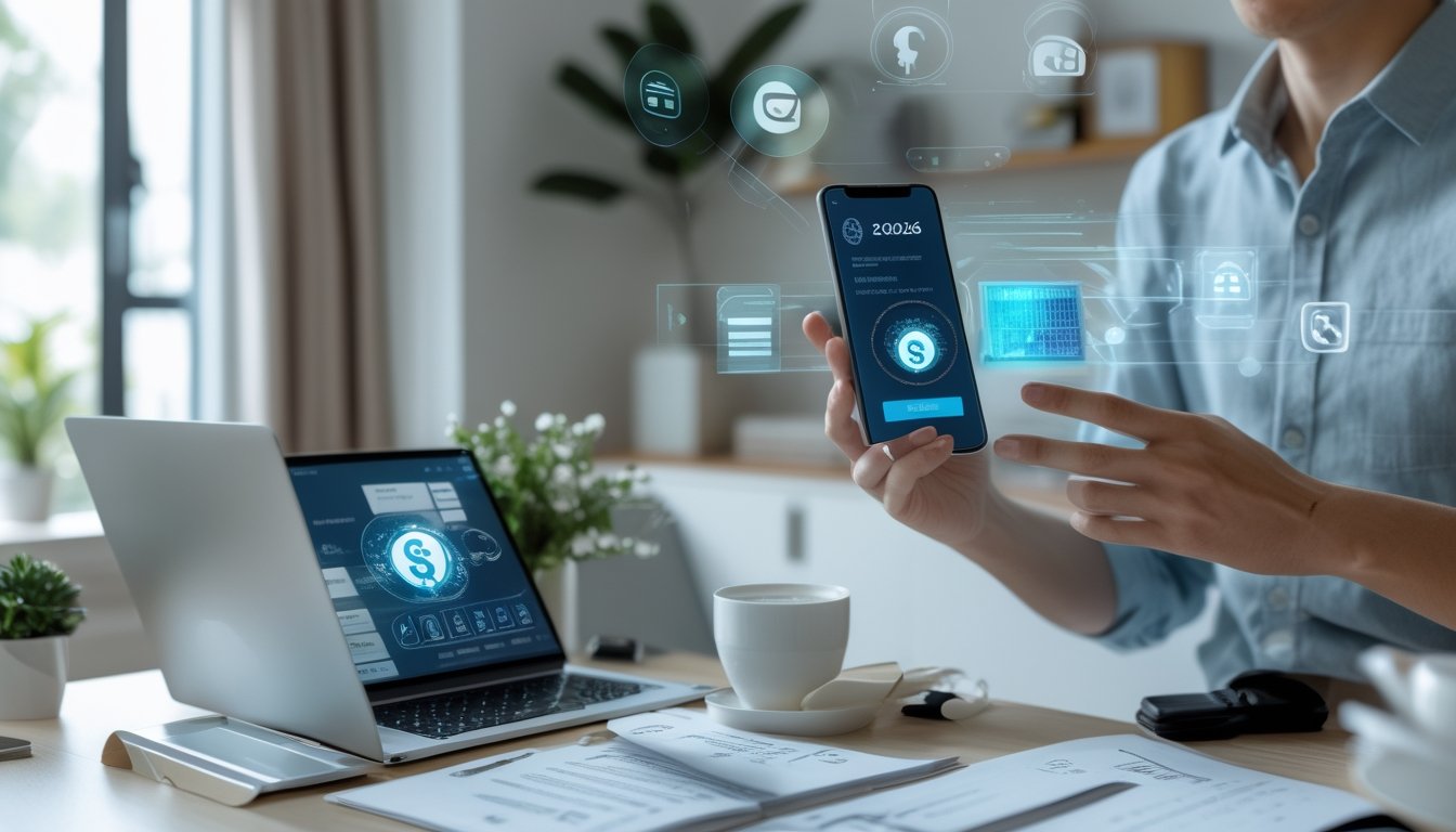 Seseorang menggunakan ponsel untuk melakukan transaksi e-wallet di ruang kerja modern.