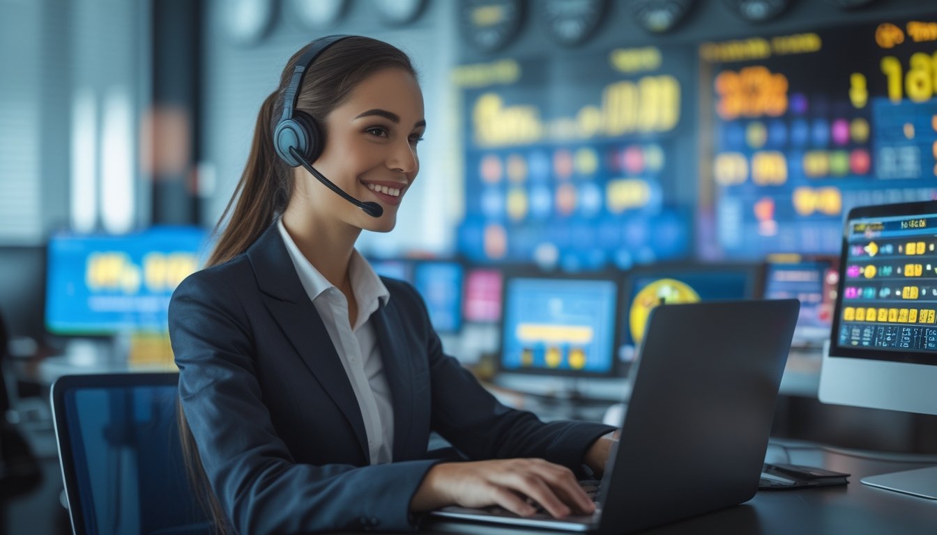Seorang perwakilan layanan pelanggan dengan headset sedang bekerja di depan laptop di kantor modern dengan layar digital menampilkan angka togel dan grafik, menunjukkan layanan 24 jam.
