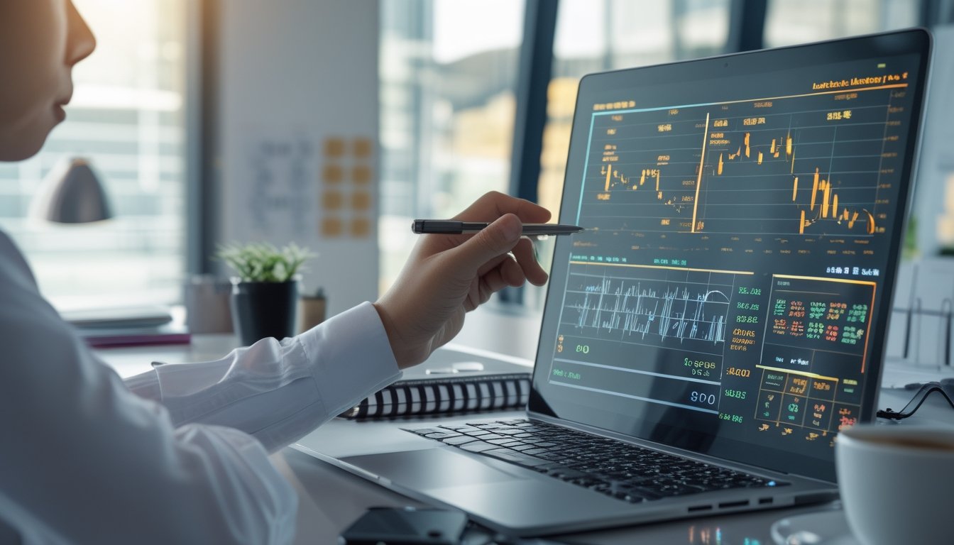 Seseorang sedang menganalisis data angka dan pola pada layar komputer di ruang kerja modern.