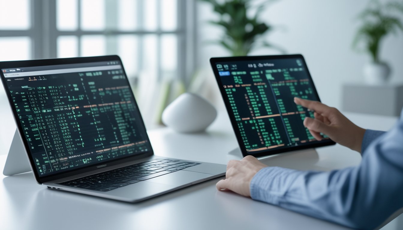 Meja kerja dengan perangkat digital yang menampilkan pola angka dan grafik untuk analisis togel SGP dan HK.