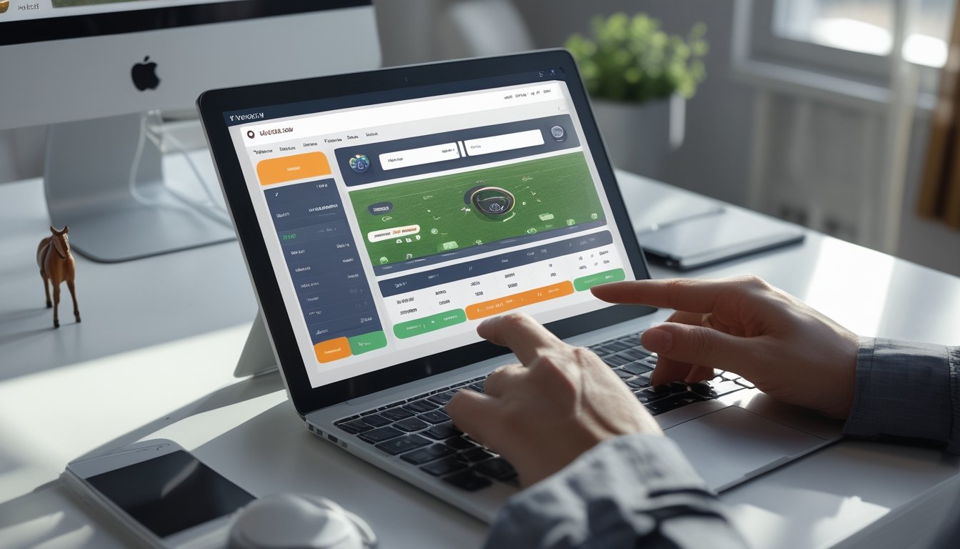 Seseorang menggunakan laptop dengan tampilan odds taruhan pacuan kuda online, di meja kerja yang rapi dengan latar belakang berkaitan dengan pacuan kuda.