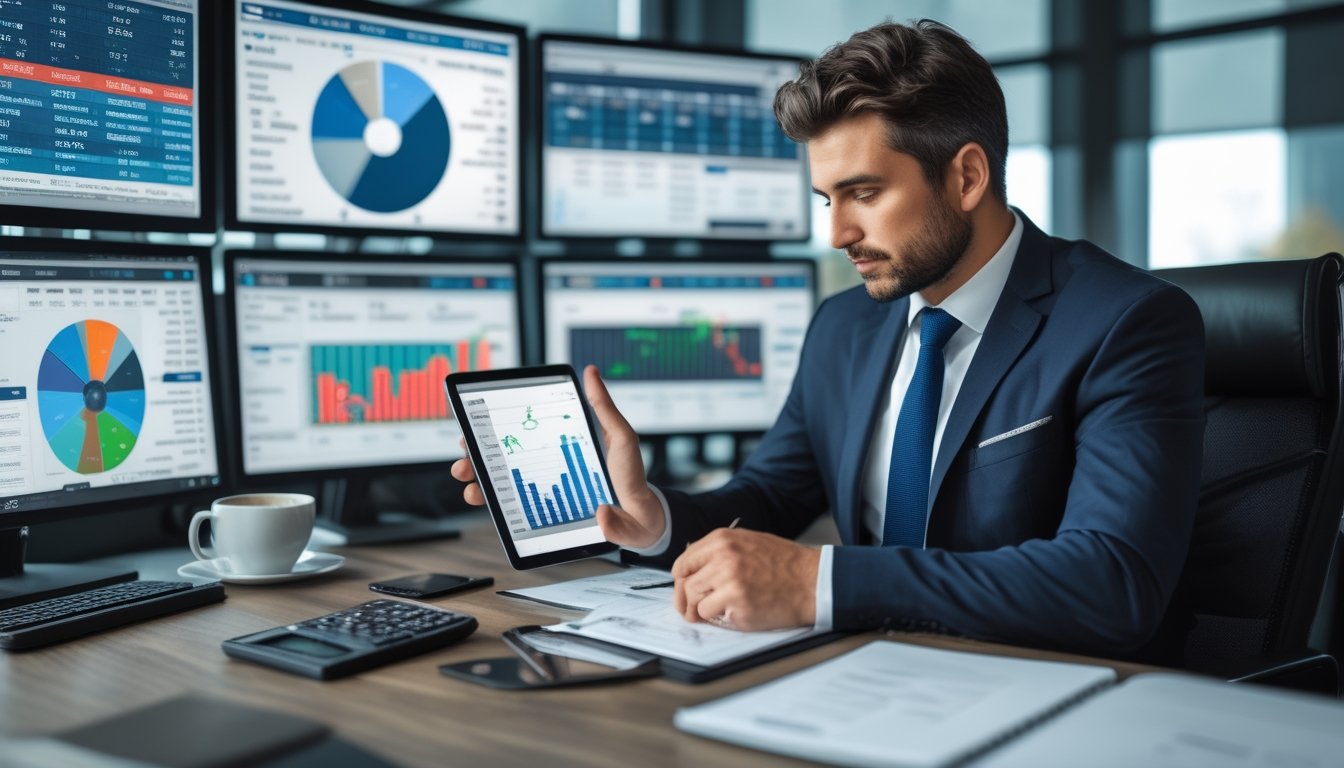Seorang pria profesional sedang menganalisis data taruhan pacuan kuda di kantor modern.