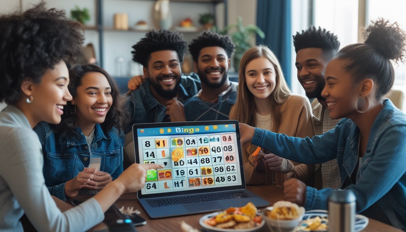 Sekelompok orang muda sedang bermain bingo online bersama di ruang tamu yang nyaman dengan perangkat digital.