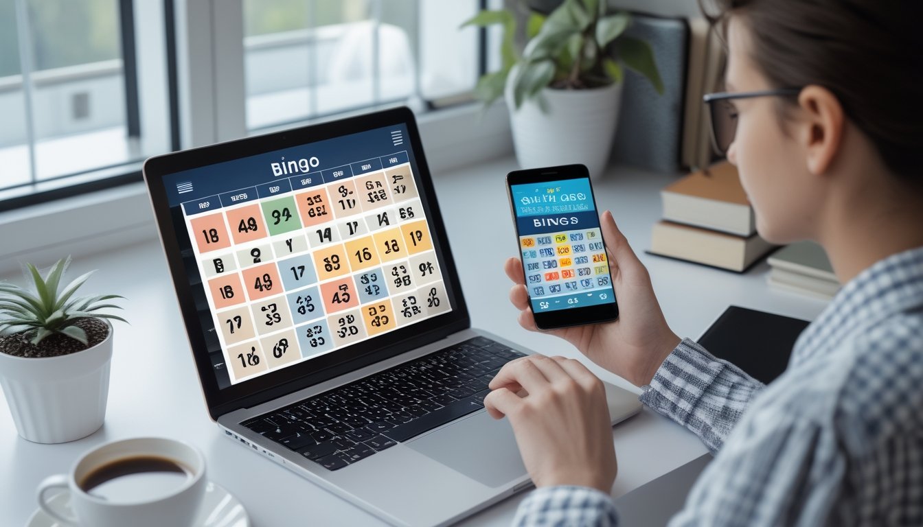 Seorang dewasa muda sedang bermain bingo online di laptop di meja kerja dengan pencahayaan alami.