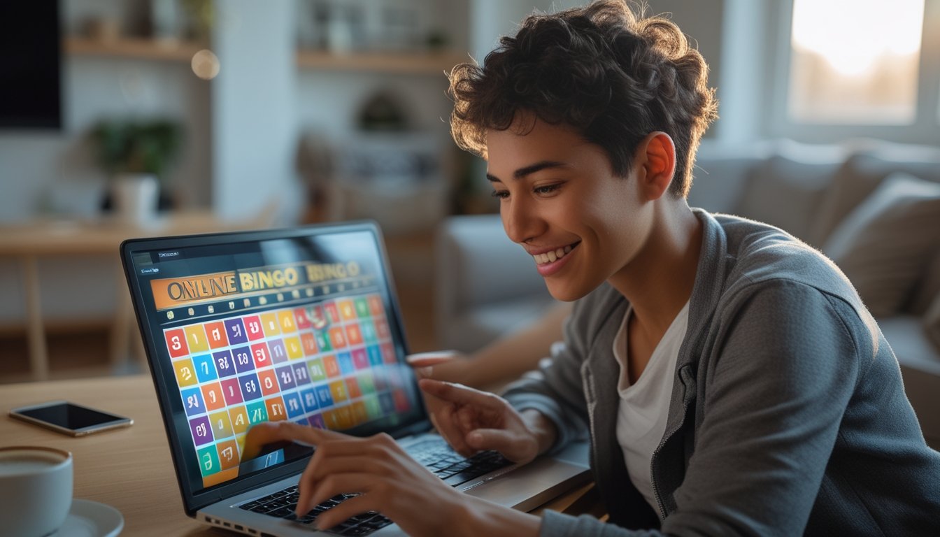 Seorang dewasa muda sedang bermain bingo online di laptop di ruang tamu yang nyaman dengan senyum percaya diri.