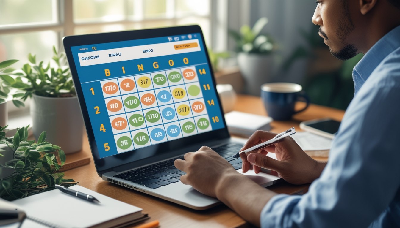 Seseorang duduk di meja dengan laptop, bermain bingo online dan terlihat fokus menandai kartu bingo virtual.