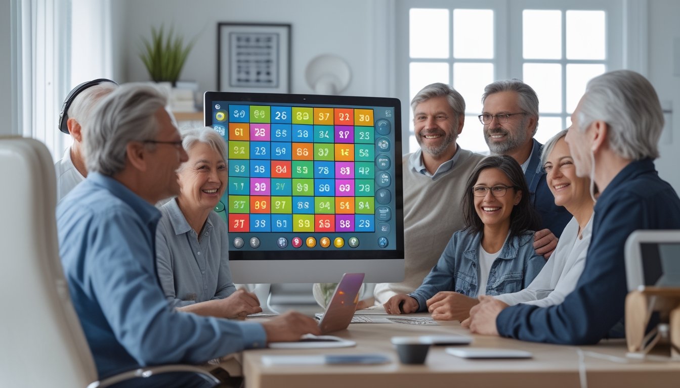 Beberapa orang dewasa bermain bingo online bersama di ruangan yang terang dan nyaman dengan komputer dan perangkat teknologi.