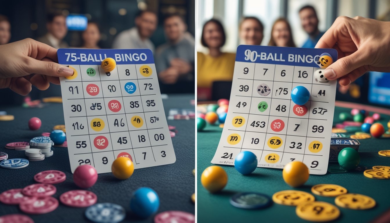 Dua kartu bingo berbeda dengan bola bingo berwarna di tengah, menunjukkan perbedaan antara bingo 75-bola dan 90-bola dalam suasana permainan yang ramai.