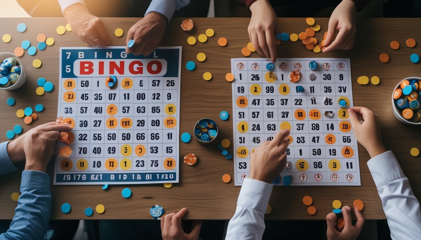 Pandangan atas permainan bingo dengan kartu 75-bola dan 90-bola, beberapa chip Ditempatkan di atas kartu, dan tangan pemain yang sedang bermain.