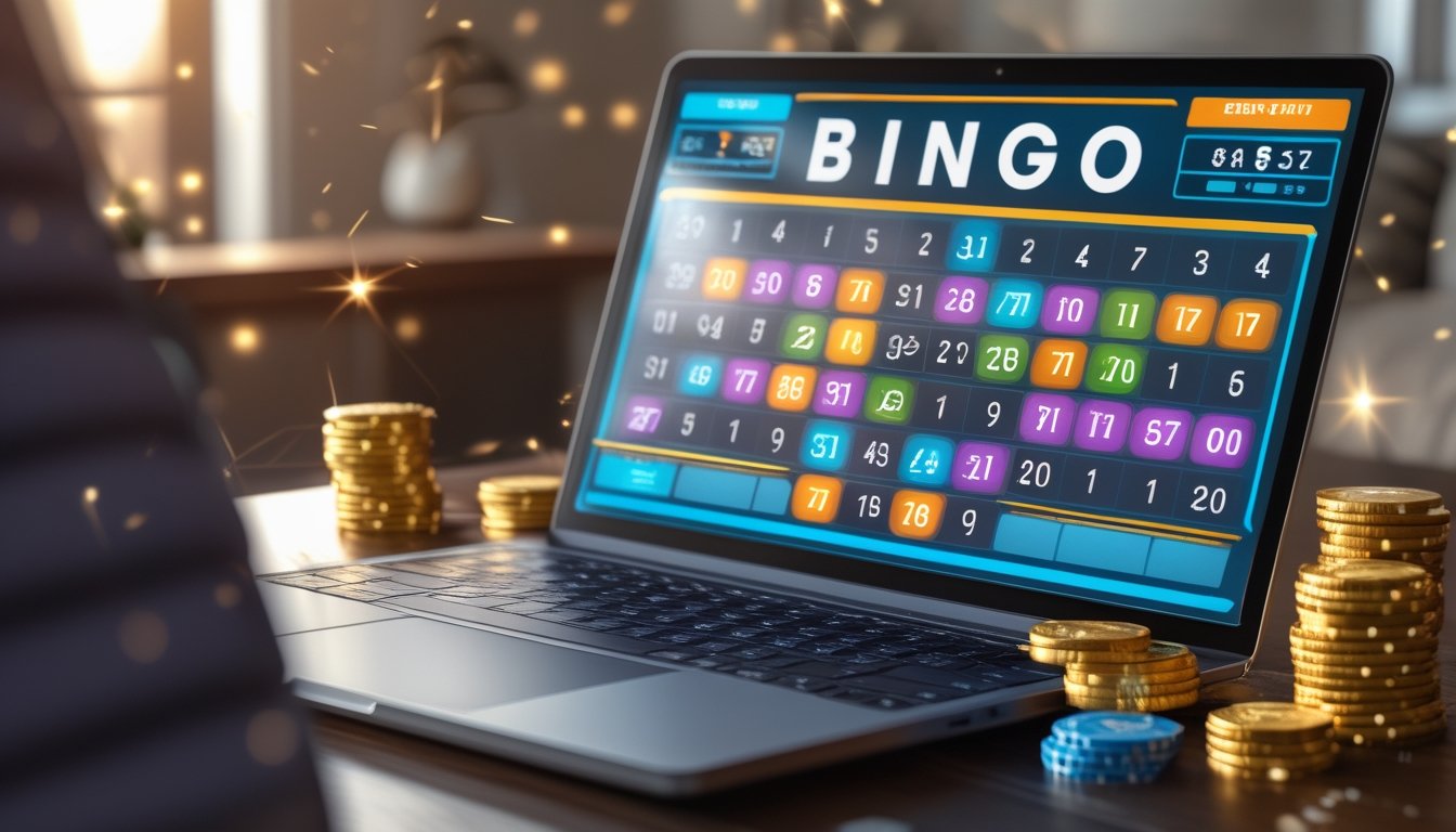 Seorang pemain sedang menggunakan komputer dengan permainan bingo online yang menampilkan kartu bingo berwarna-warni dan simbol jackpot di sekitar layar.