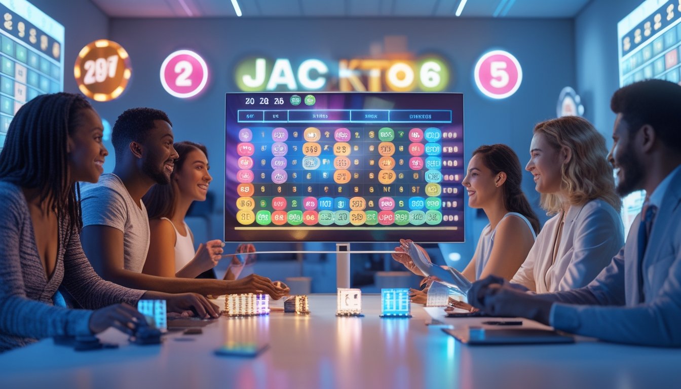 Orang-orang sedang bermain bingo online dengan layar digital besar menampilkan kartu bingo dan angka jackpot.