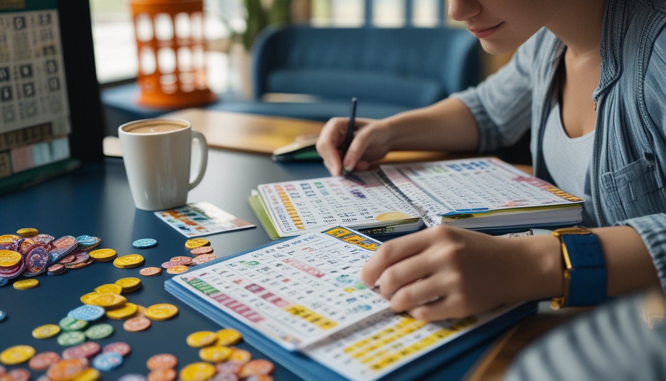 Seseorang duduk di meja dengan kartu bingo, chip warna-warni, dan catatan buku, sedang mengatur strategi bermain bingo agar modal bertahan lebih lama.
