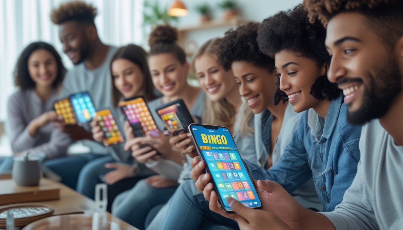 Sekelompok orang muda bermain game bingo online menggunakan ponsel dan tablet di lingkungan modern yang nyaman.