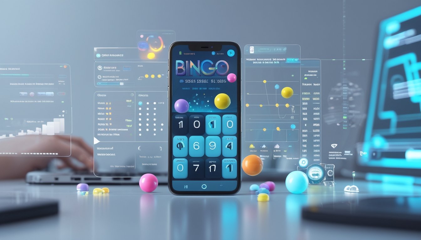 Sebuah smartphone menampilkan permainan bingo dengan elemen evaluasi seperti daftar centang dan grafik di latar belakang teknologi modern.