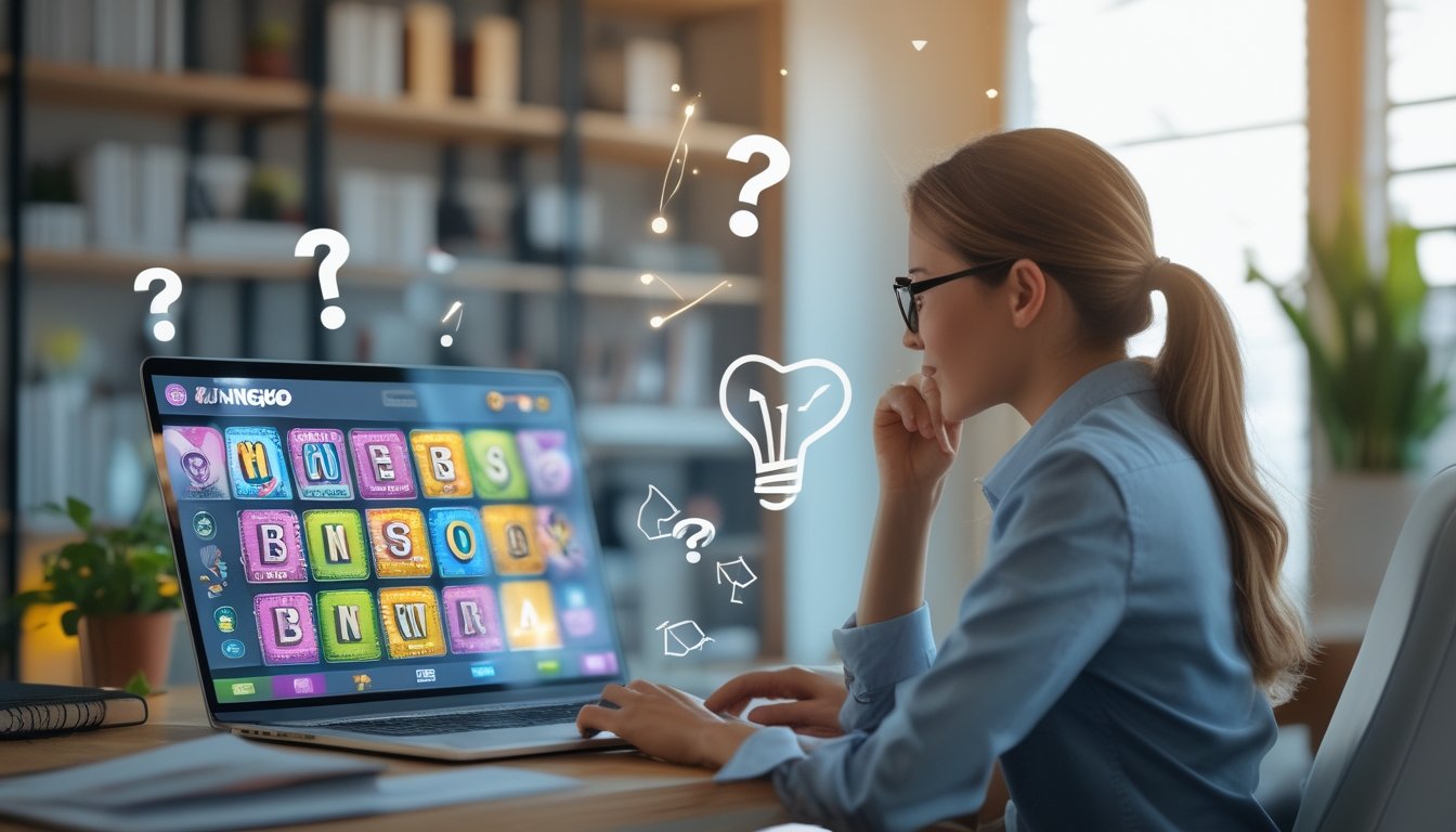 Seseorang duduk di meja dengan laptop yang menampilkan permainan bingo online, di ruangan yang nyaman dan terang.