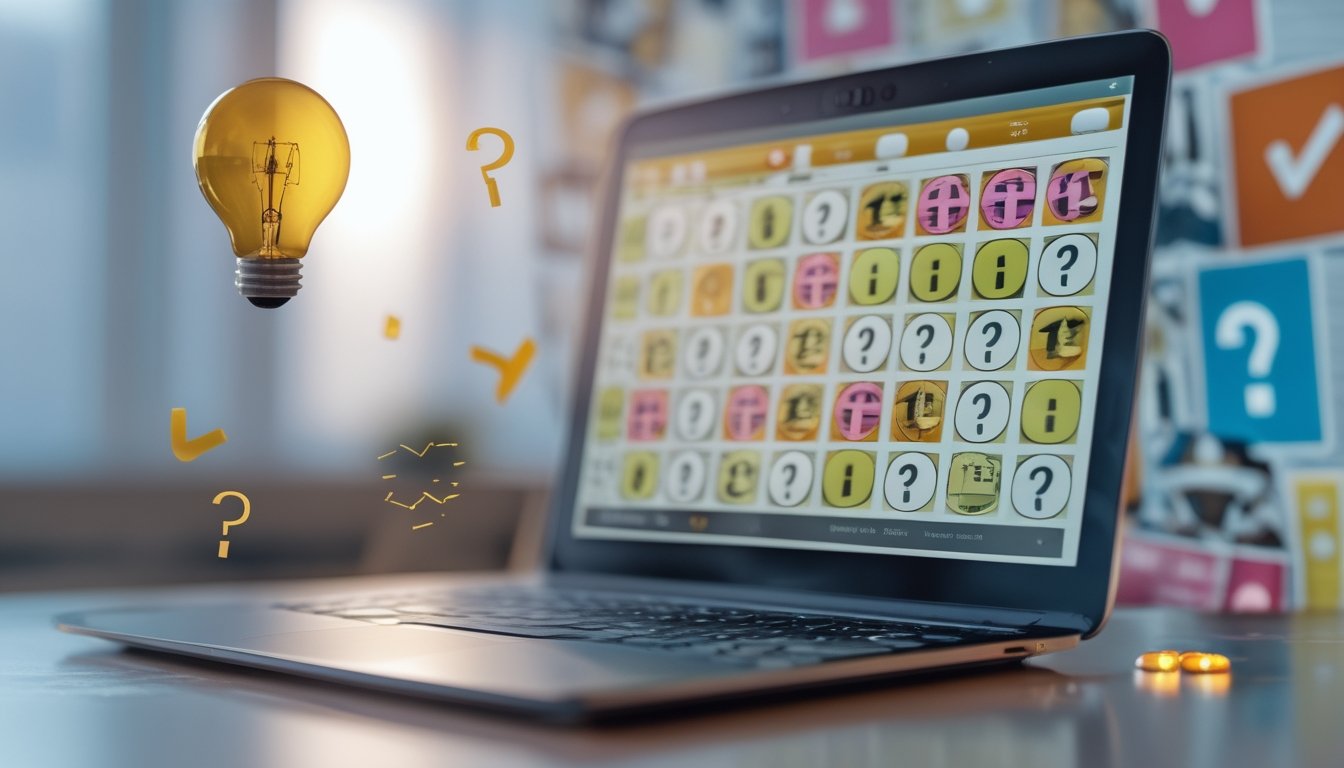 Seseorang menggunakan tablet untuk bermain bingo online dengan latar belakang kartu bingo tradisional dan ikon digital.