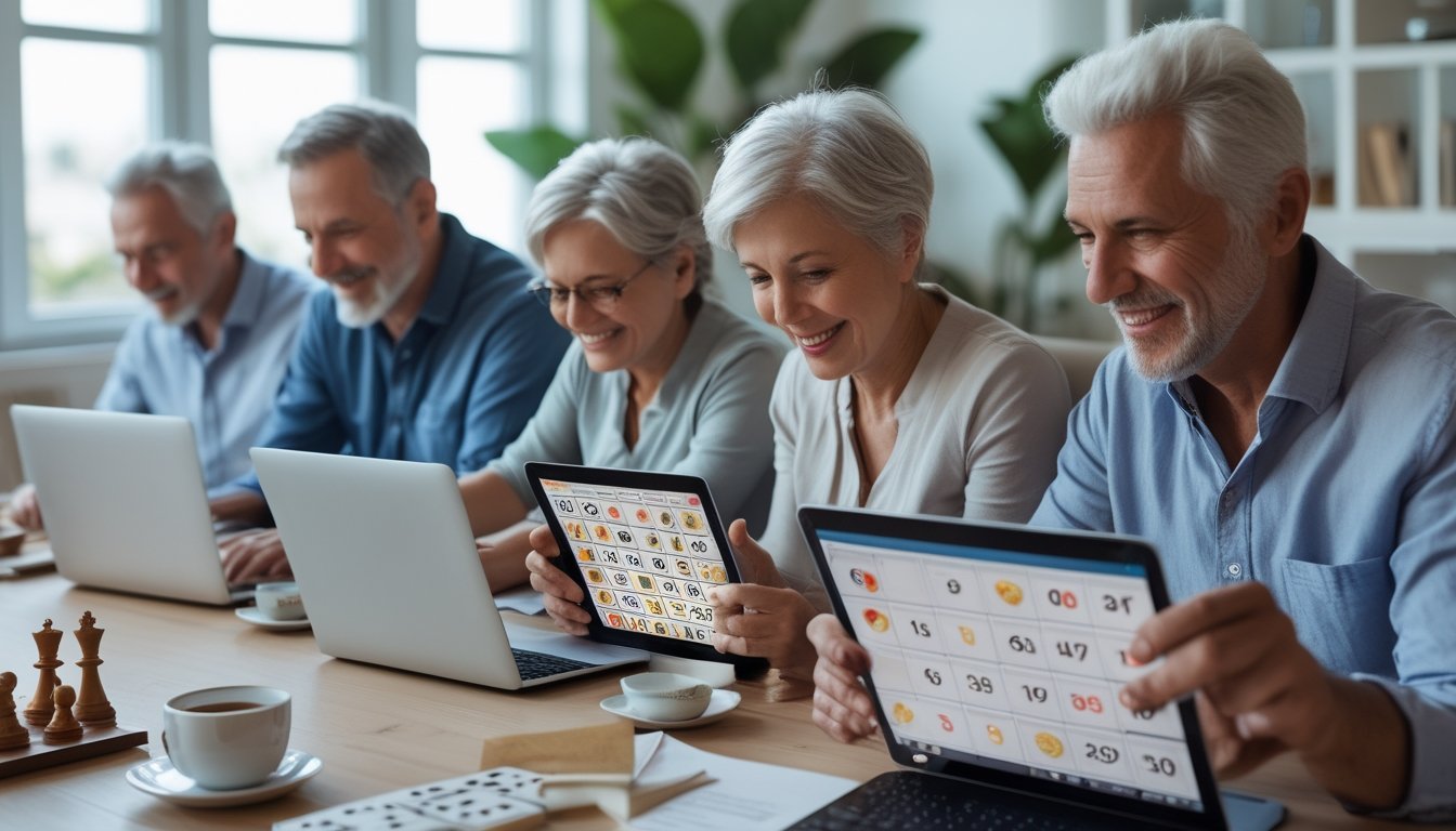 Sekelompok orang dewasa sedang bermain bingo online dengan fokus di ruang tamu yang terang dan modern.