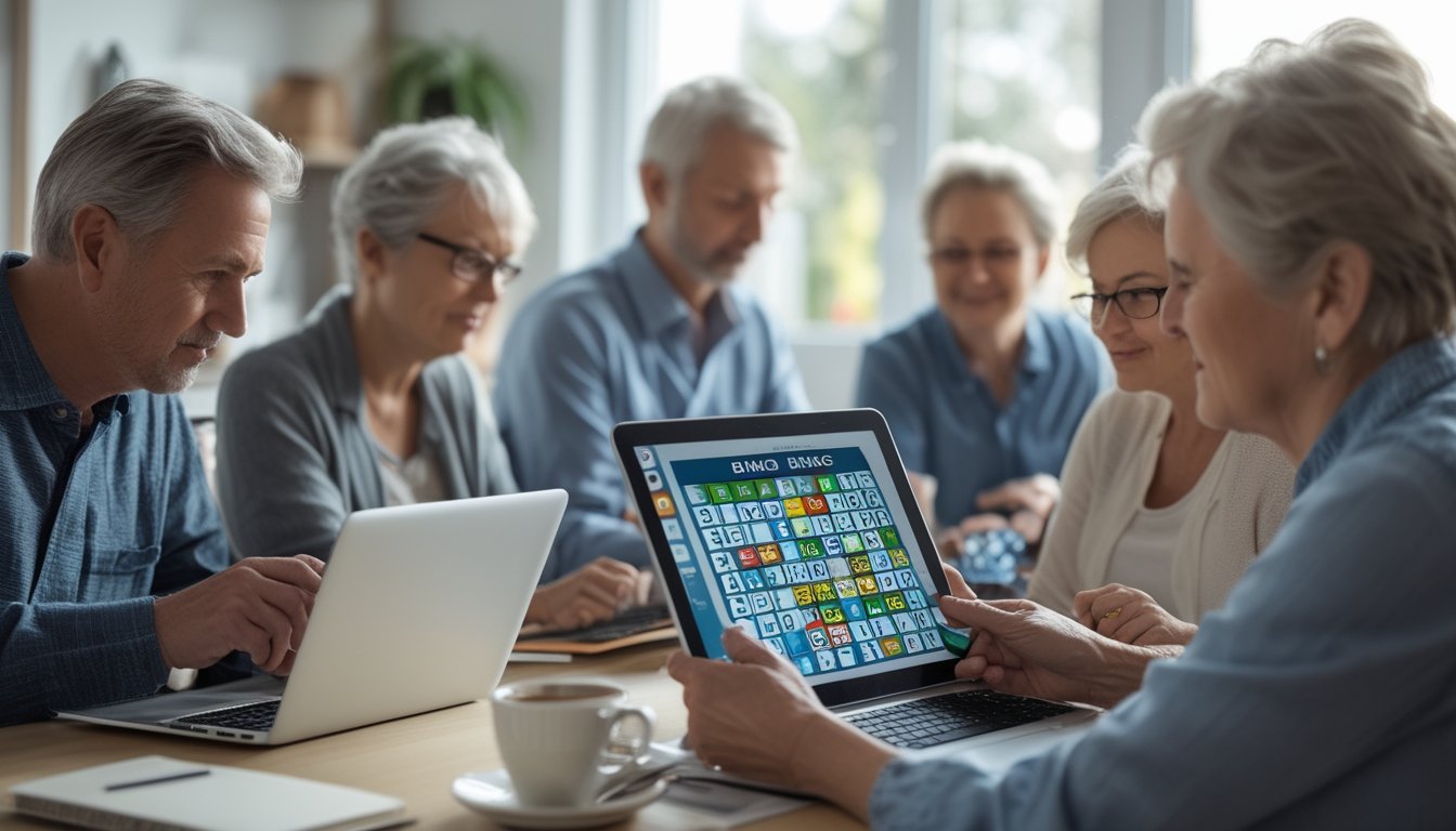 Sekelompok orang dewasa sedang bermain bingo online dengan fokus menggunakan laptop dan tablet di ruang tamu yang terang dan nyaman.