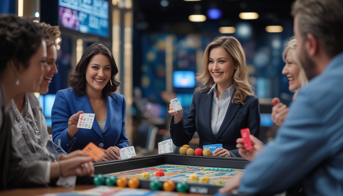 Seorang dealer tersenyum memimpin permainan bingo langsung dengan beberapa pemain yang antusias di studio permainan.