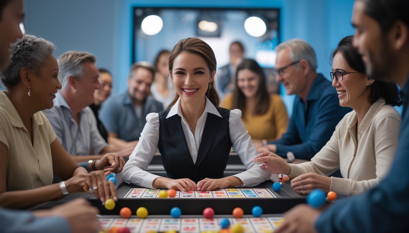 Seorang dealer bingo wanita tersenyum di meja bingo dengan bola dan kartu bingo, ditemani oleh pemain yang fokus dan menikmati permainan.