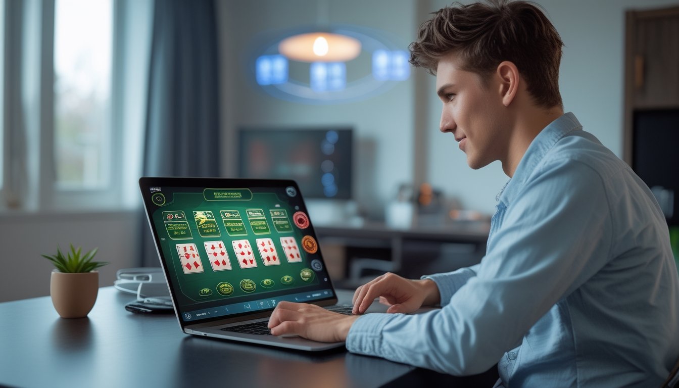 Seorang pemain muda sedang fokus bermain blackjack online di laptop dengan latar ruang tamu yang nyaman dan perangkat teknologi modern.